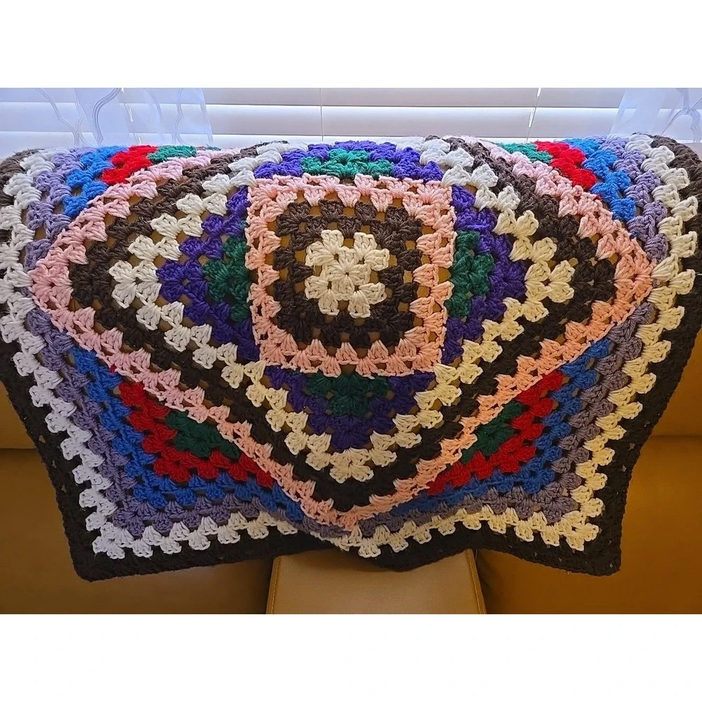 Vtg Handmade Granny Square Crochet Afghan Blanket 30x29 Boho Multi-Color Retro
